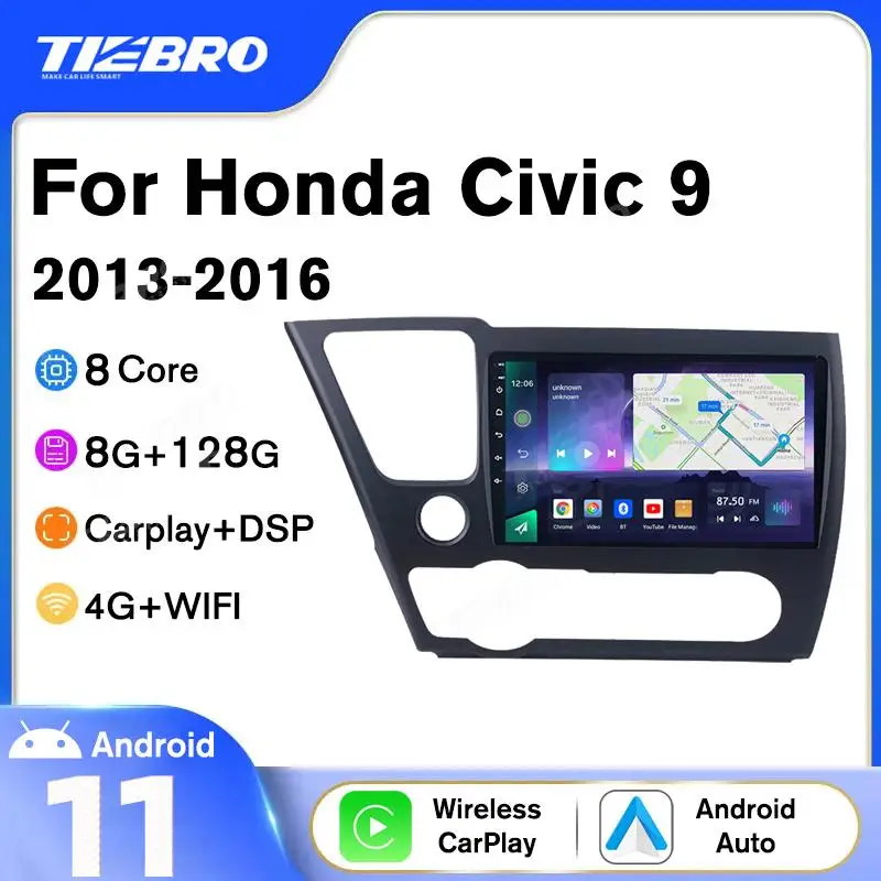 Autoradio 8Core 8G + 128G Per Honda Civic Lhd 2013-2016 Lettore Multimediale Stereo Autoradio Audio 2 Din Navigazione Gps Carplay 9''