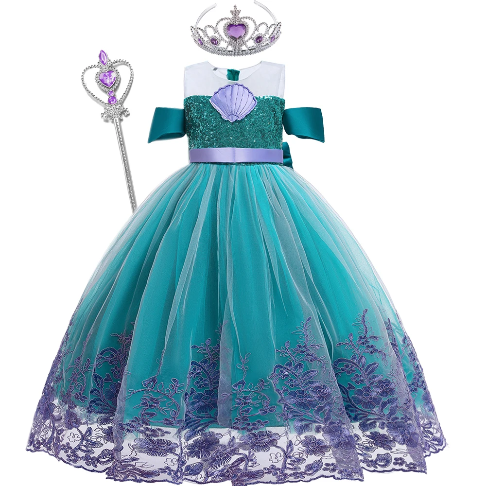 Summer Little Mermaid Princess Girl Dress Sequin Bow Cosplay Birthday Party Kid Dresses For Girl Costume Carnival Halloween Gown