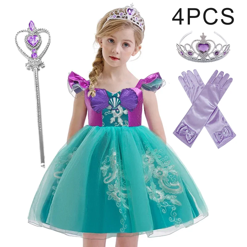 Little Mermaid Girls Dress Halloween Carnival Cosplay Costume Summer Green Lace Party Birthday Princess Dresses Abito Da Damigella D'Onore