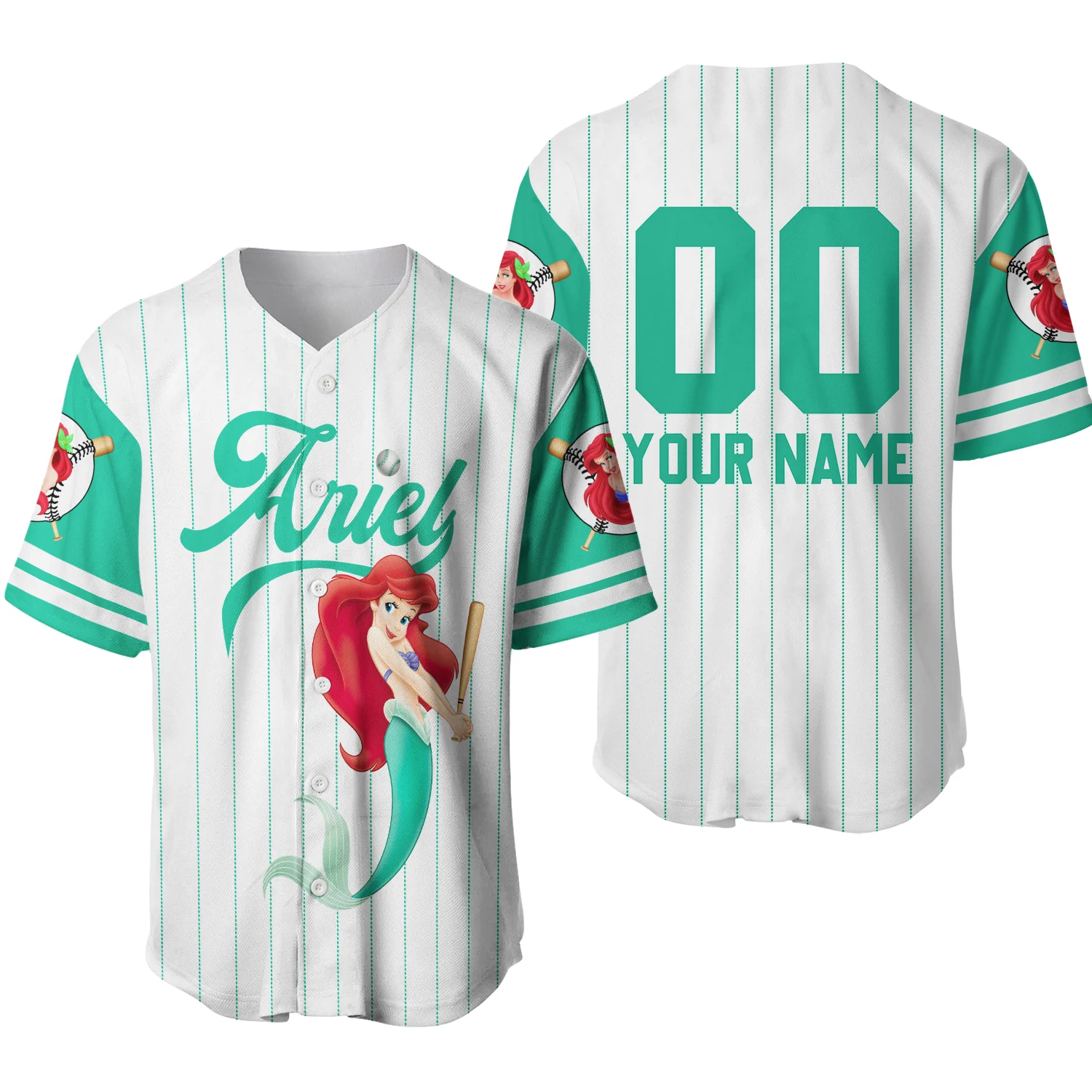 La Sirenetta Ariel Baseball Jersey Adult Kids Manica Corta Button Up Jersey Disney Baseball Jersey Nome Personalizzato Uomo Jersey