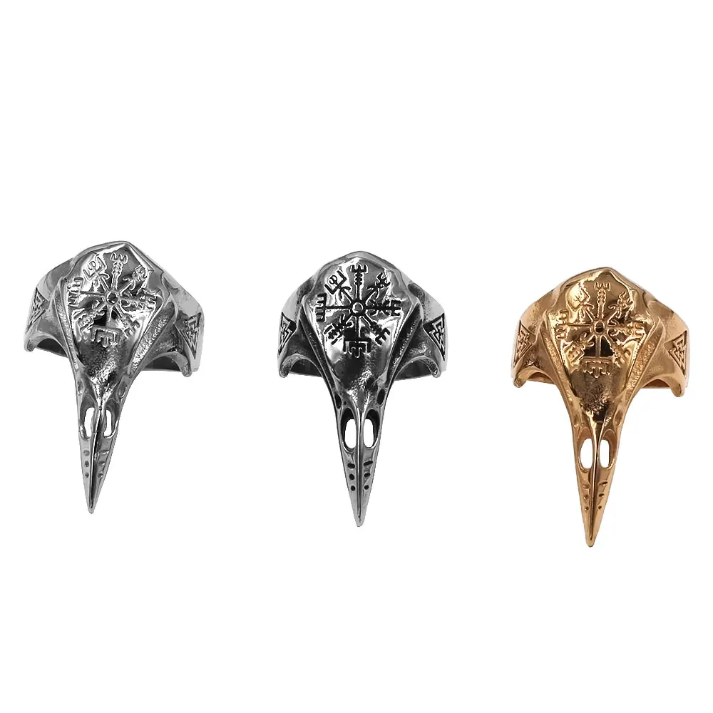 Norse Viking Rune Raven Skull Ring Acciaio Inossidabile Nordic Odin Crow Compass Biker Men Ring Amuleto Coppia Charm Jewelry Gift