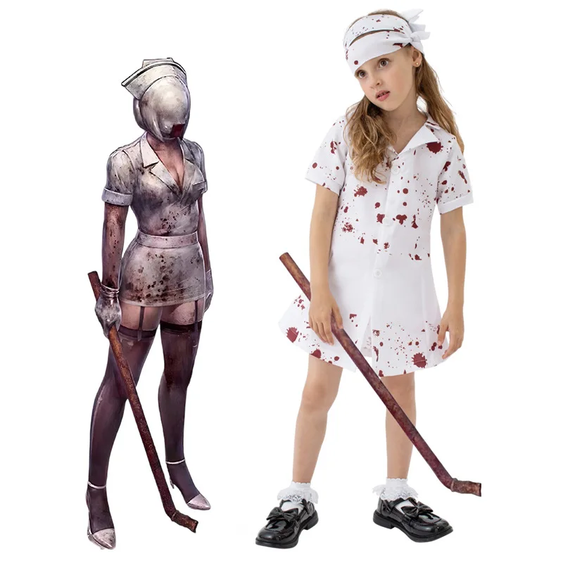 Halloween Kids Zombie Nurse Cosplay Uniform Anime Cosplay Costume Bloodstain Dress Hat Set Halloween Party Terror Nurse Outfit