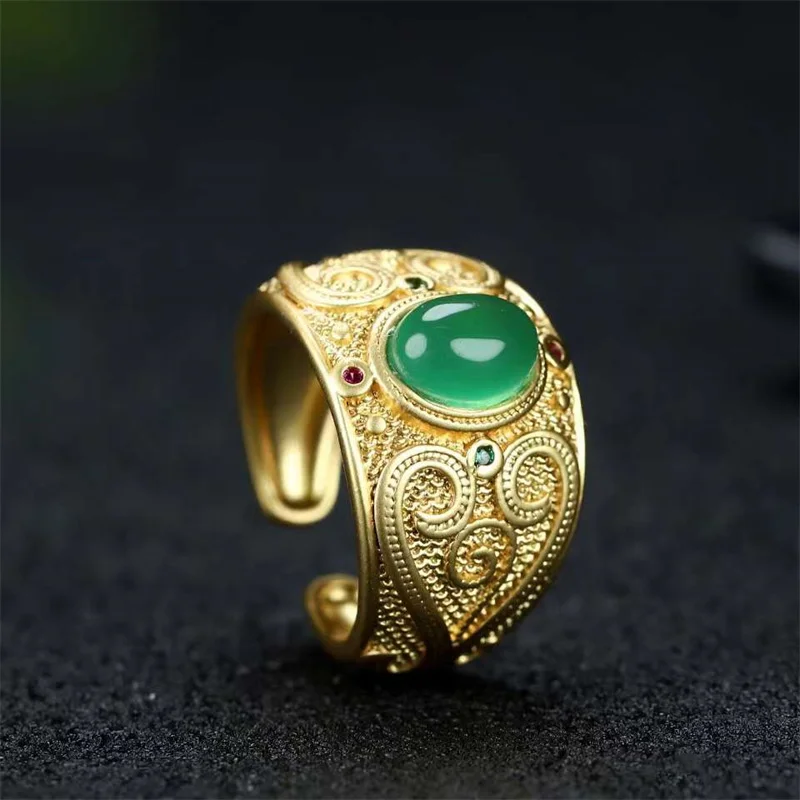 Hot Selling Natural Hand-Carved Refined Copper Plating 24K Inlaid Jade Egg Noodles Ring Fashion Jewelry Men Women Luck Gifts