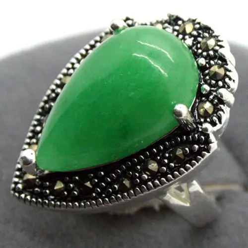 Commercio All'Ingrosso Naturale Verde Giada Naturale Gemme Goccia 925 Sterling Silver Marcasite Anello Formato 7/8/9/10