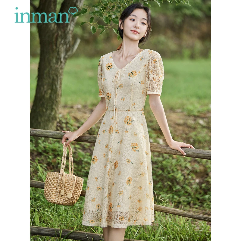 Inman Women Dress 2023 Summer Hollow Lace Manica A Sbuffo Scollo A V A Forma Di Stampa Floreale Con Coulisse Decorazione Gonna Romantica Francese