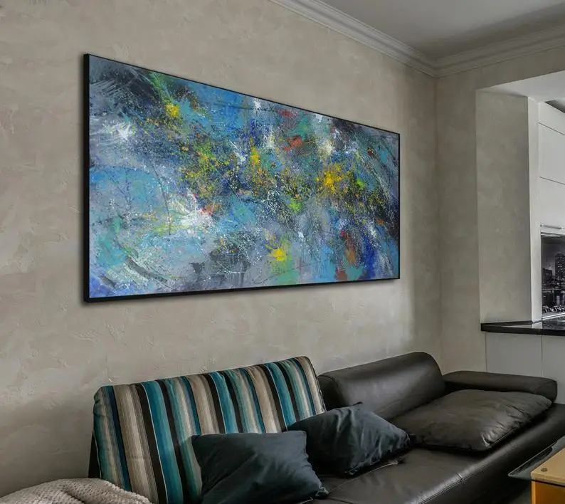 Big Horizon Vertical Canvas Art Pittura Astratta Jackson Pollock Style, Luxury Home Office Decor Blu Giallo Bianco Brightfull
