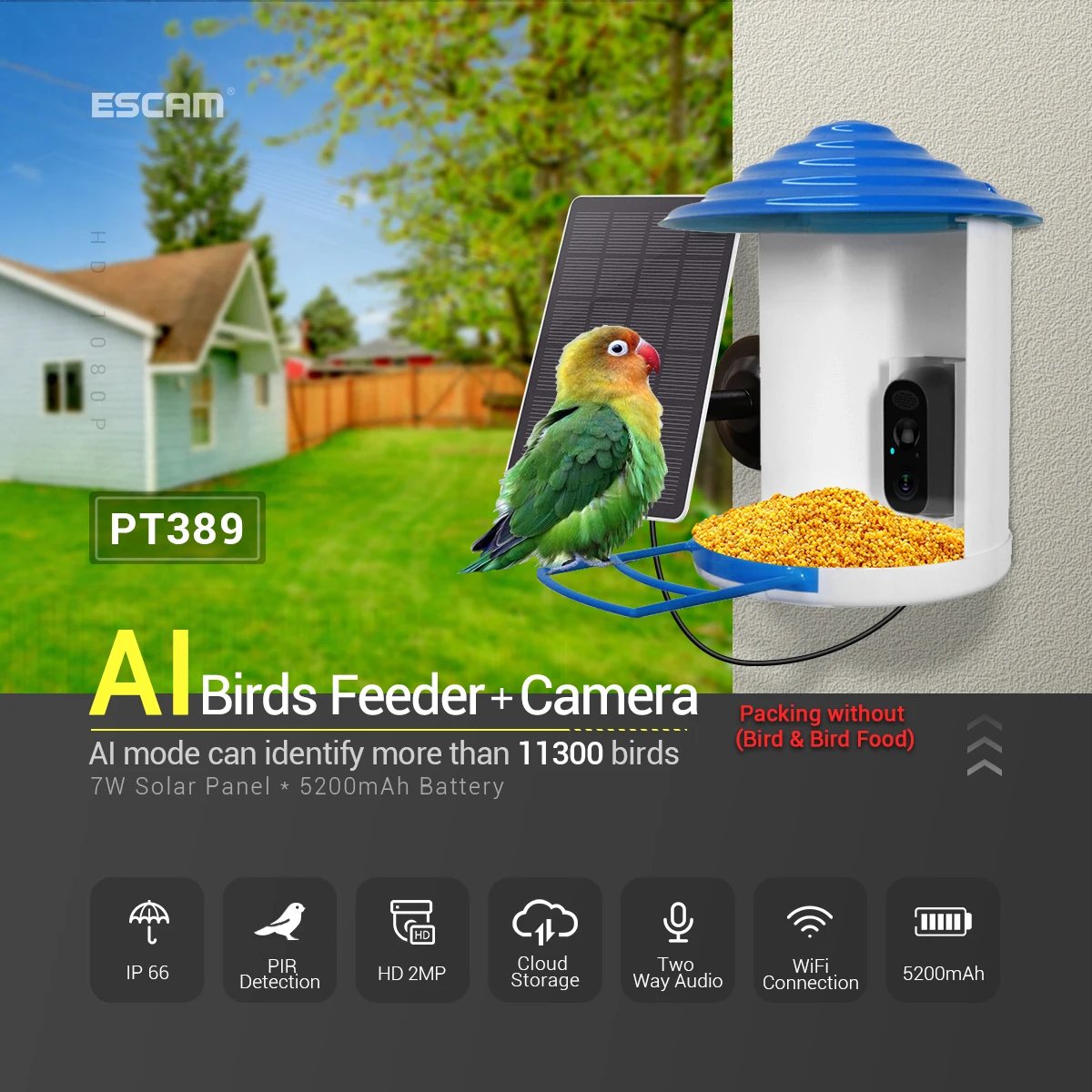 Escam Pt389 Bird Feeder Ip Camera 1080P Solar Icam365App Riconoscimento Ai Mangiatoia Per Specie Di Uccelli Cattura Automatica Telecamera Per Il Birdw