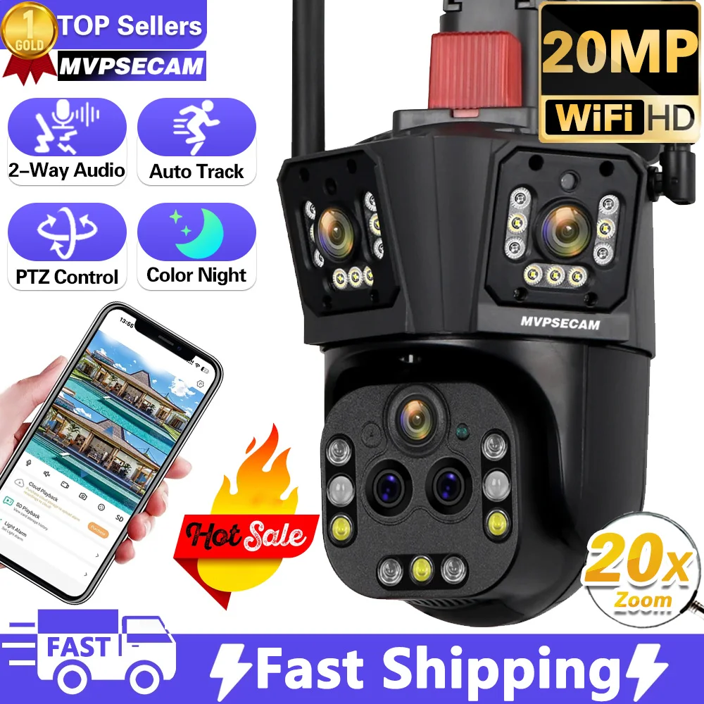 Smart Wifi Telecamera Di Sorveglianza 20Mp Multi Lens Camera 20X Zoom Ptz Smart Home Ai Human Tracking 360 Wireless Outdoor Cctv Camera