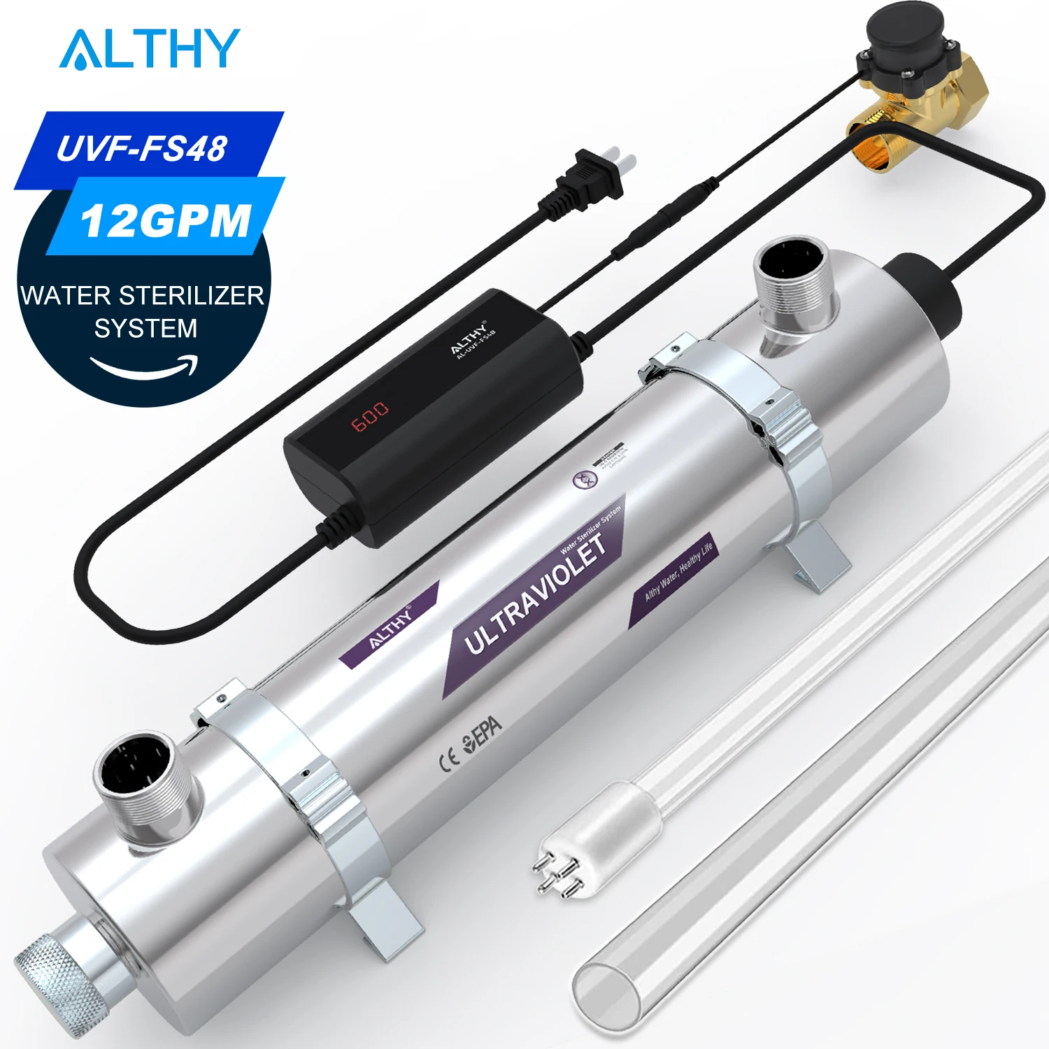 Althy Whole House Uv Ultraviolet Water Sterilizzatore System Filtro Purificatore + Smart Flow Control Switch Acciaio Inossidabile 12Gpm