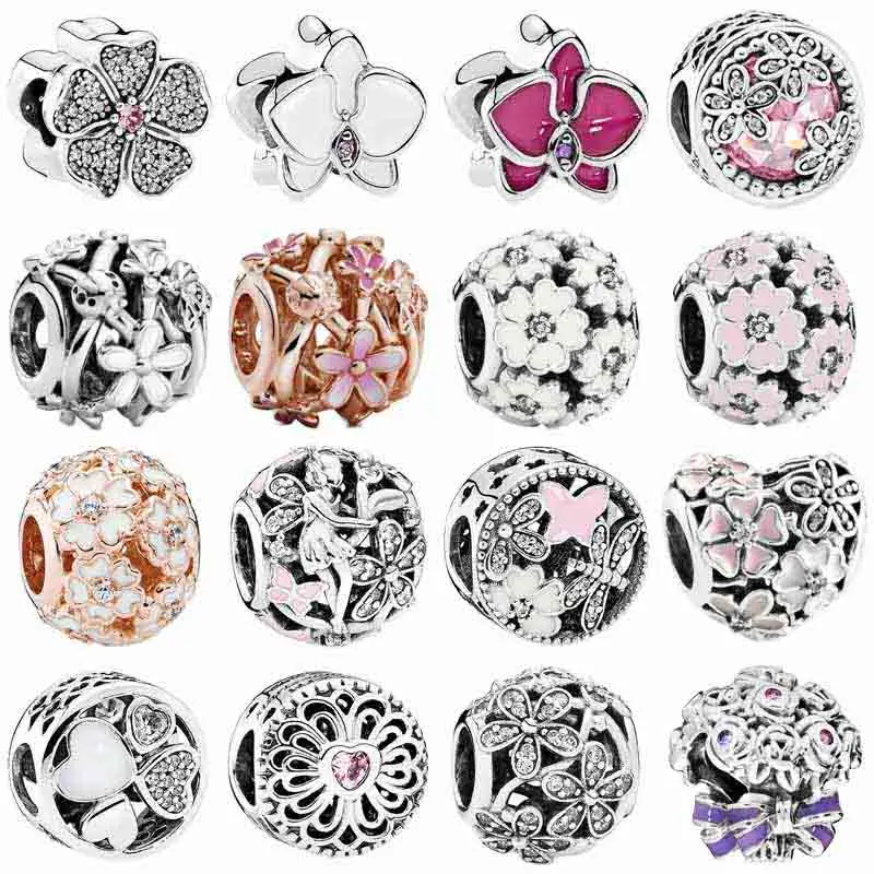 Springtime Poetic Heart Apple Blossom Orchid Pink Daisy Flower Charm 925 Sterling Silver Beads Fit Fashion Bracciale Gioielli Fai Da Te