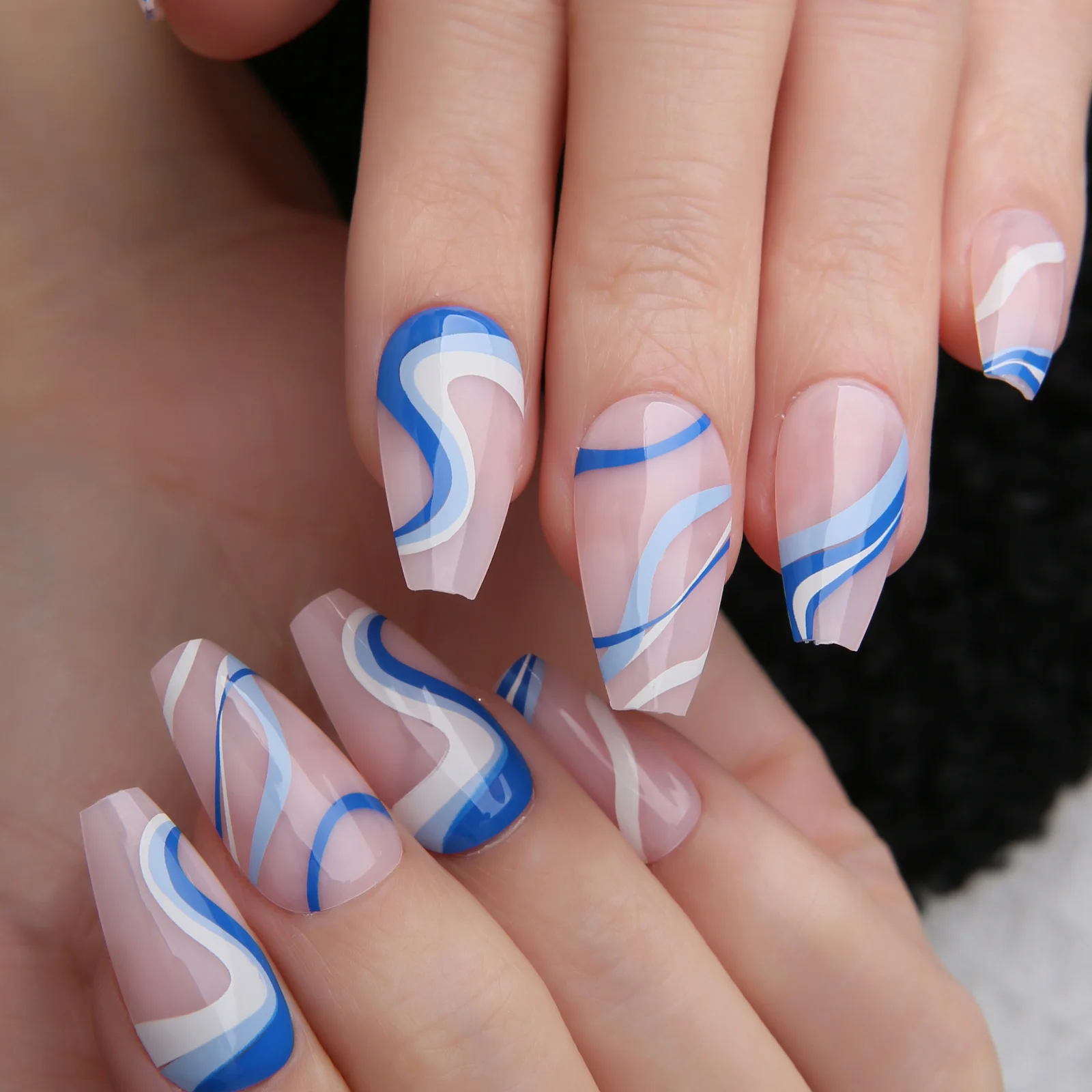 Ballet Pink Unghie Finte Blu Francese Swirl Art Gel Press On Nails Vortex Coffin Unghie Artificiali Manicure Unghie Finte Ogni Giorno