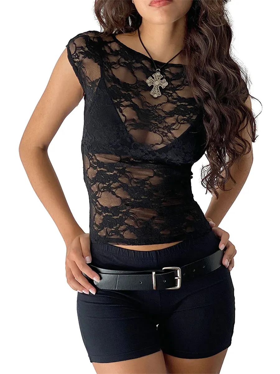 Y2K Lace Sheer Mesh See Through Crop Top T-Shirt Estive Da Donna Slim Fit Club Tees Camicette Streetwear