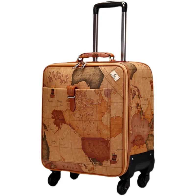 Trolley Modello Mappa Vintage Trolley 16/18/20/22/24 Pollici Pu Rolling Bagaglio Spinner Valigia Da Viaggio Con Lucchetto Trolley Da Uomo
