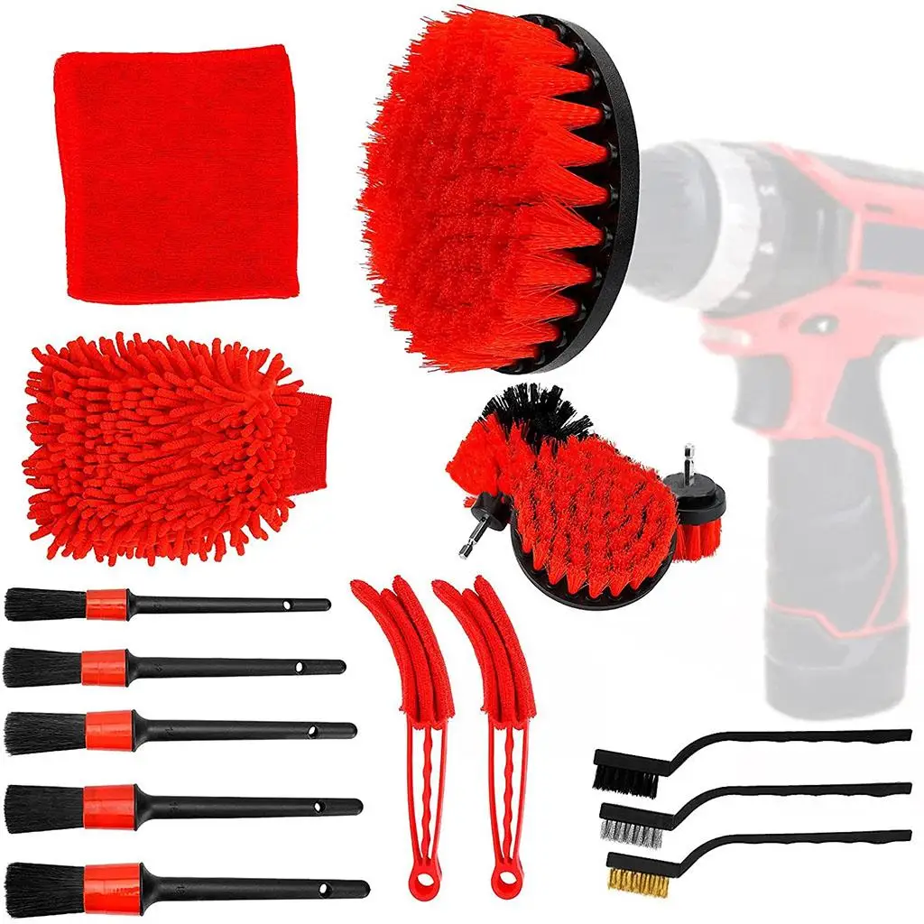 16Pcs Car Electric Drill Brush Detailing Wheels Motore Interno Manico Lungo Car Electric Drill Brush Tire Wheel Rim Cleaning