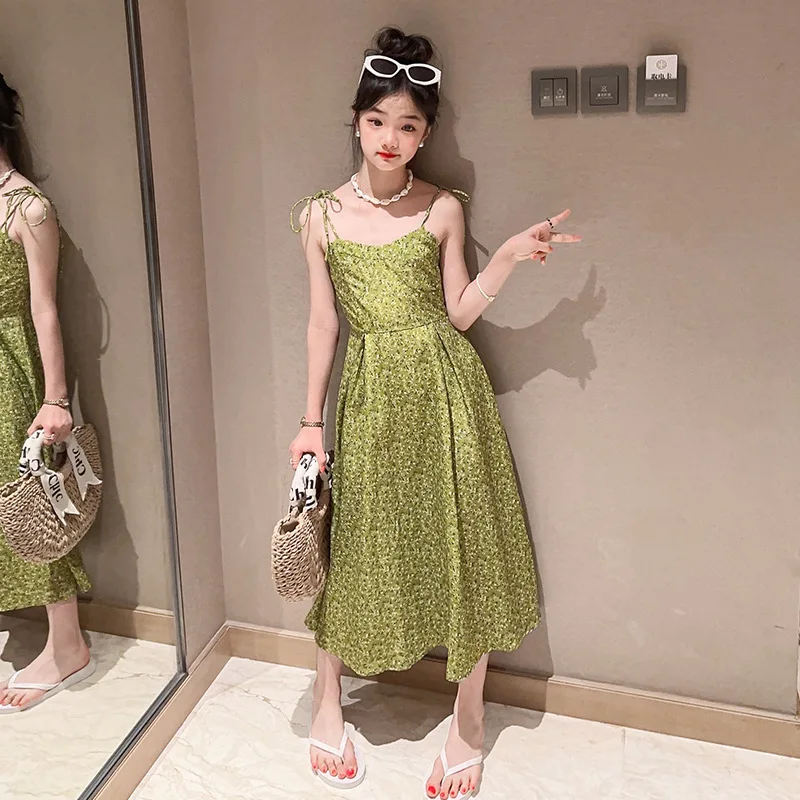 Slip Dress For Girls Summer Senza Maniche Green Floral Princess Dresses For Children Fashion Elegant Teen Kids Clothes 12 13 14 Y