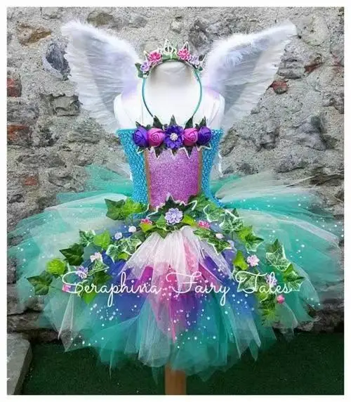 Woodland Fairy Girls Tutu Dress With Wings Fairy Birthday Party Girl Dress-Up Tulle Dress Green Garden Fairy Princess Dress