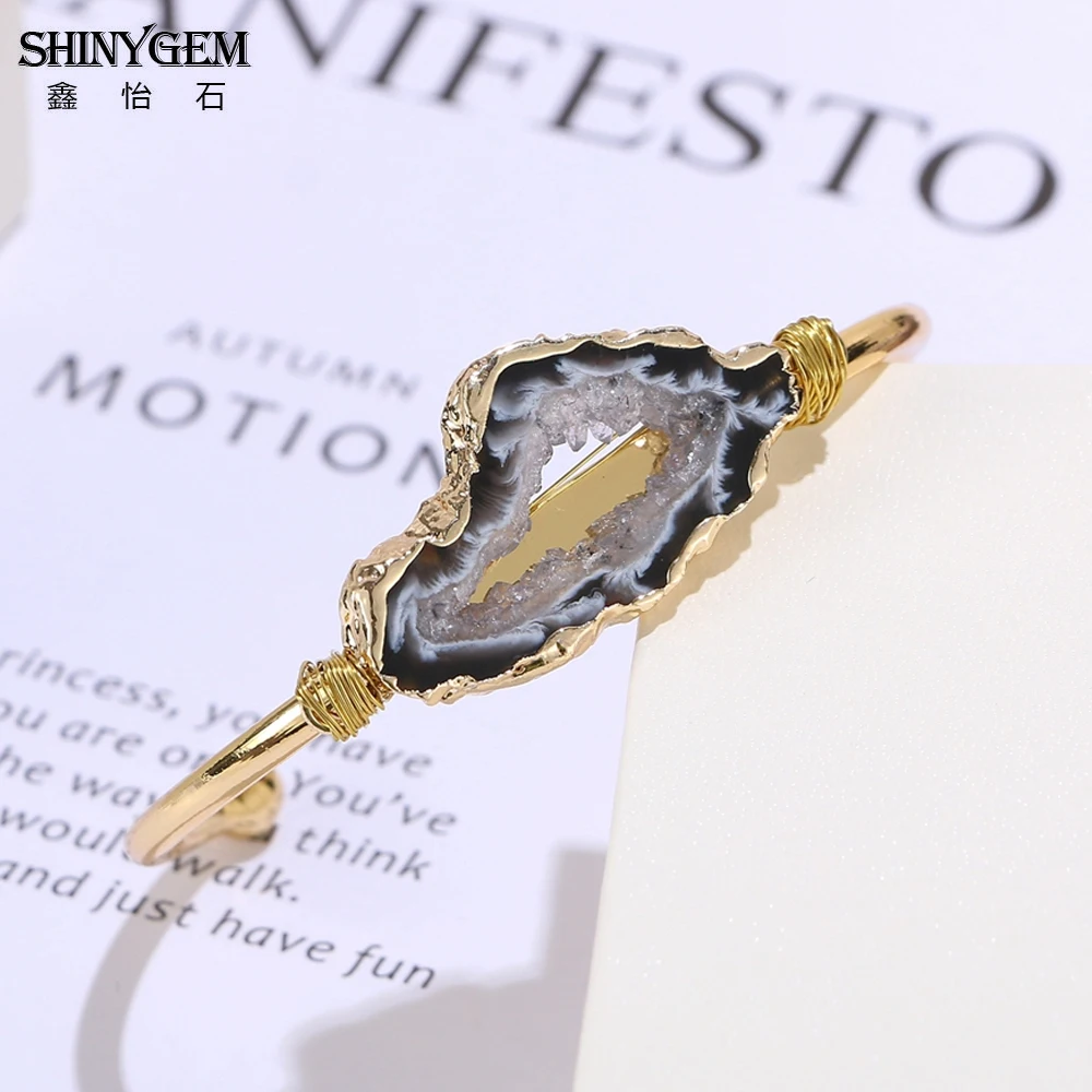 Shinygem Casuale Irregolare Agate Naturali Fette Connettore Braccialetto Placcatura In Oro Polsino Aperto Hollow Geode Braccialetti Di Cristallo Per L