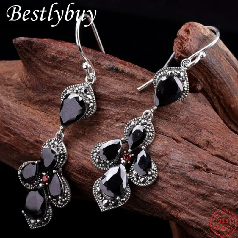 Bocai S925 Orecchini In Argento Sterling Per Le Donne New Fashion Water-Drop Granato Agata Ear Drop Pure Argentum Gem Jewelry