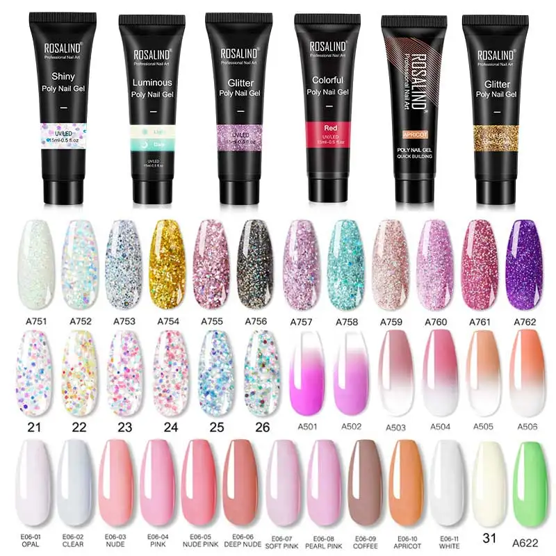 Rosalind 15Ml Poly Nail Gel Glitter Builder Extensions Gel Per Manicure Nails Art Design Luminoso Poly Nails Gel Semi Permanente