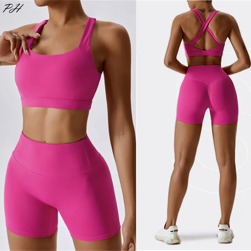 Nude Feeling Yoga Sport Set Summer Fitness Sportwear Donna Solid Tuta Sexy Cross Back Sport Bra Pantaloncini Da Palestra Abbigliamento Da Allenamento