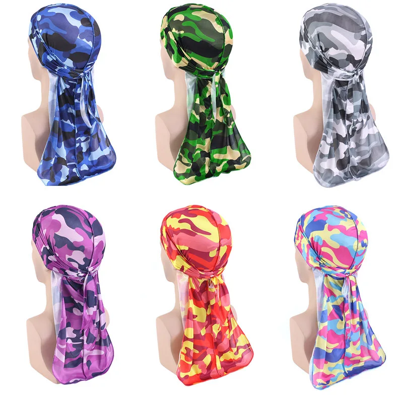 Vendita Calda Seta Artificiale Camouflage Colore Fasciatura Cappello Pirata Coda Lunga Tam-O'-Shanter Mantello Hip Hop Durag