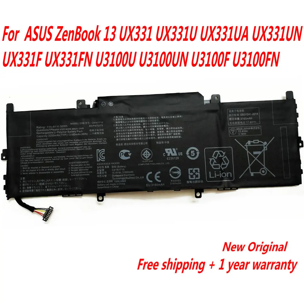 Nuova Batteria Per Laptop C41N1715 Per Asus Zenbook 13 Ux331 Ux331U Ux331Ua Ux331Un Ux331F Ux331Fn U3100U U3100Un U3100F U3100Fn