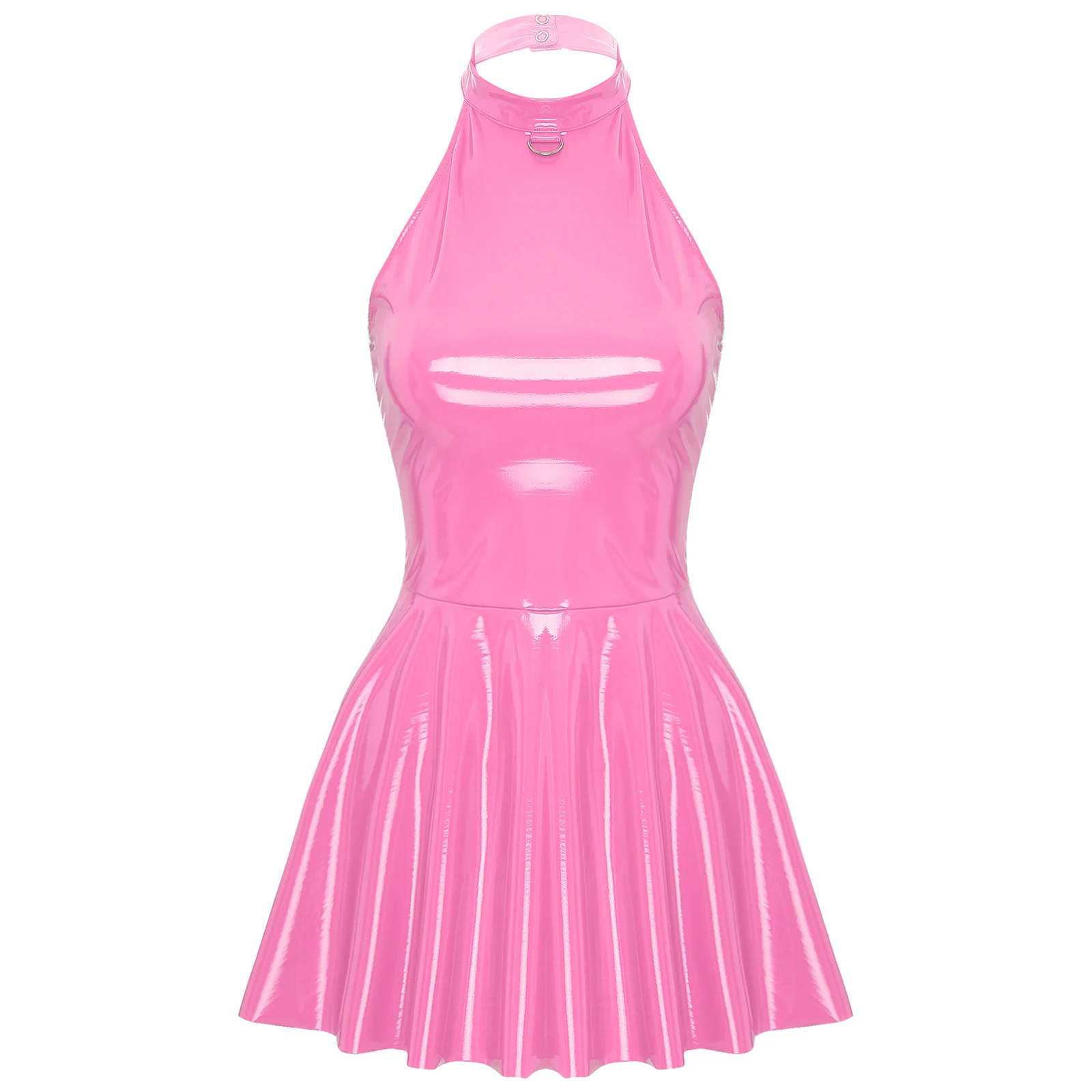 Abito Lucido In Pelle Verniciata Lucida Per Donna Halter Senza Maniche Skater Mini Abito Discoteca Party Swing Gonna Abito Latex Clubwear