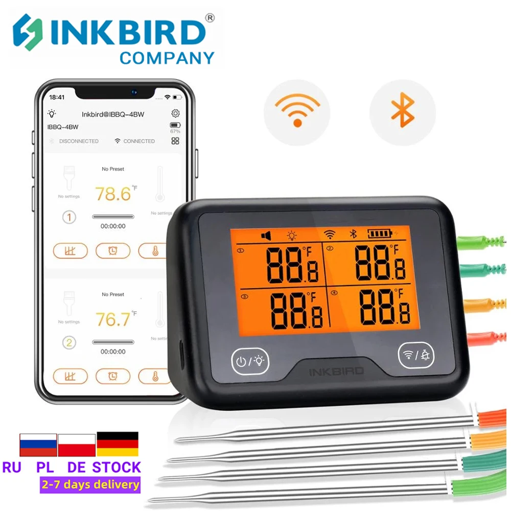 Inkbird Termometro Wireless Bbq Indoor Outdoor Digital Grill Indicatore Di Temperatura Sensore Di Temperatura Ibbq-4Bw Wi-Fi E Bluetooth