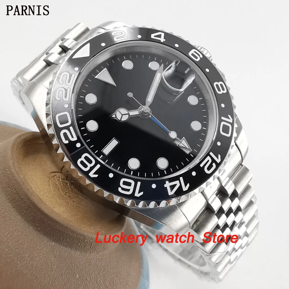 40 Millimetri Parnis Nero Lunetta In Ceramica Quadrante Nero Blu Gmt Mani Luminose Segni Di Vetro Zaffiro Automatico Mens Watch-Pa61