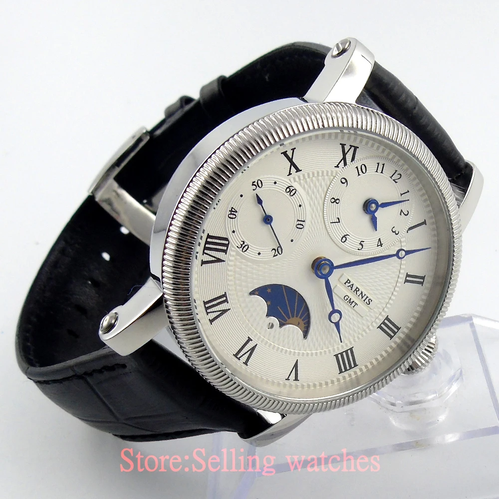 42Mm Parnis Bianco Dial Gmt Moon Phase Carica Manuale Movimento Mens Watch