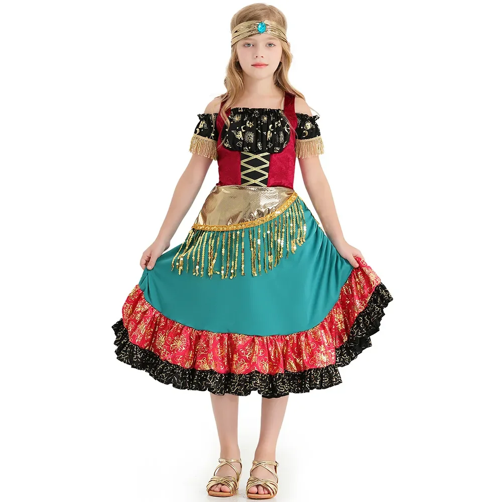 Deluxe Kid Girl Gypsy Costume Cosplay Flamenco Dance Dress Outfit Halloween Purim Waltz Tango Dance Show Fanasia Fancy Dress