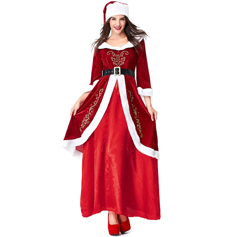 Deluxe Classic Mrs. Claus Christmas Costume Velvet Long Dress Xmas Party Babbo Natale Cosplay Women Red Fancy Dress