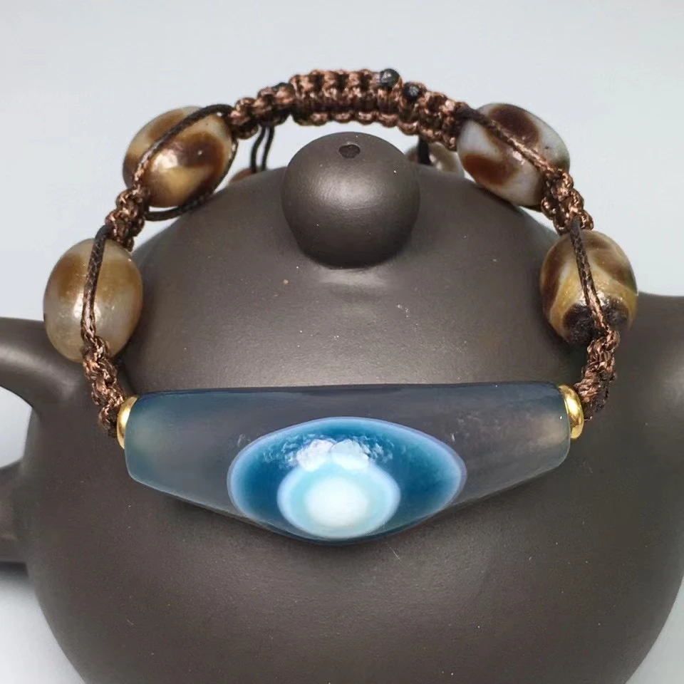Blue Rare Vein Eye Bead Bangle Mala Bracciali Nature Calcedonio Gemstone Bless Mascot Magical Energy