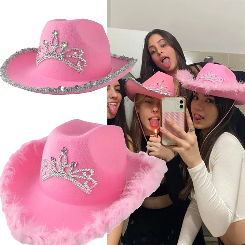 Donne Rosa West Cowgirl Cappello Ragazze Tiara Feather Felt Western Paillettes Cowboy Cap Costume Party Dress Jazz Caps Puntelli Cosplay