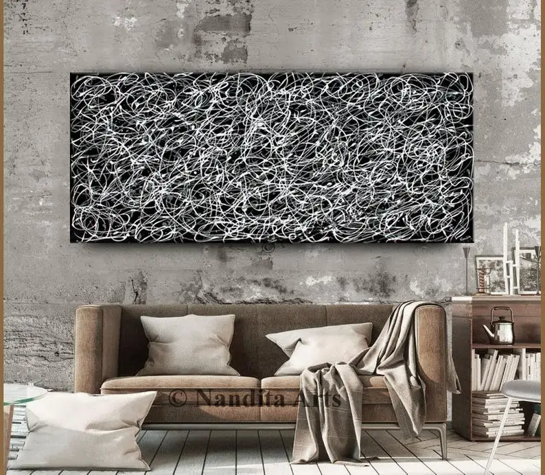 Black Artwork Painting Black Art Wall Decor, Modernpainting Jackson Pollock Luxury Style,Original Artwork Abstract Oil Abstract