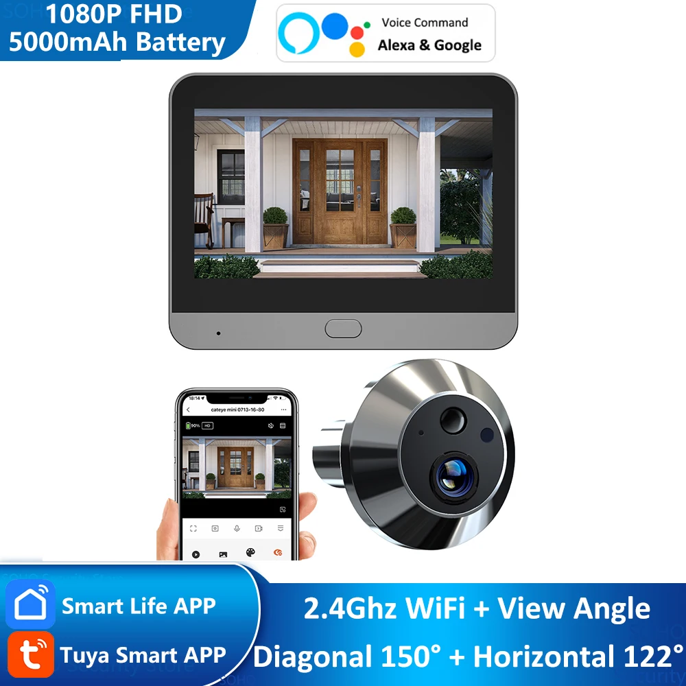 Tuya Smart 1080P 150° Ampio Angolo Di Visione Mini Spioncino Digitale Eye Viewer Wifi Ir Rilevamento Pir Campanello Videocamera Per Porte Alexa Google