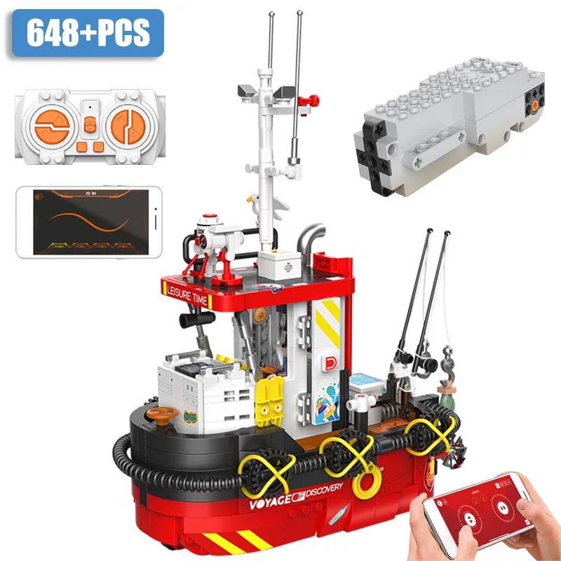 City Technical 648Pcs Sport Fishing Boat Telecomando Voyage Ship Model Building Blocks Moc Bricks Toys For Children Gifts