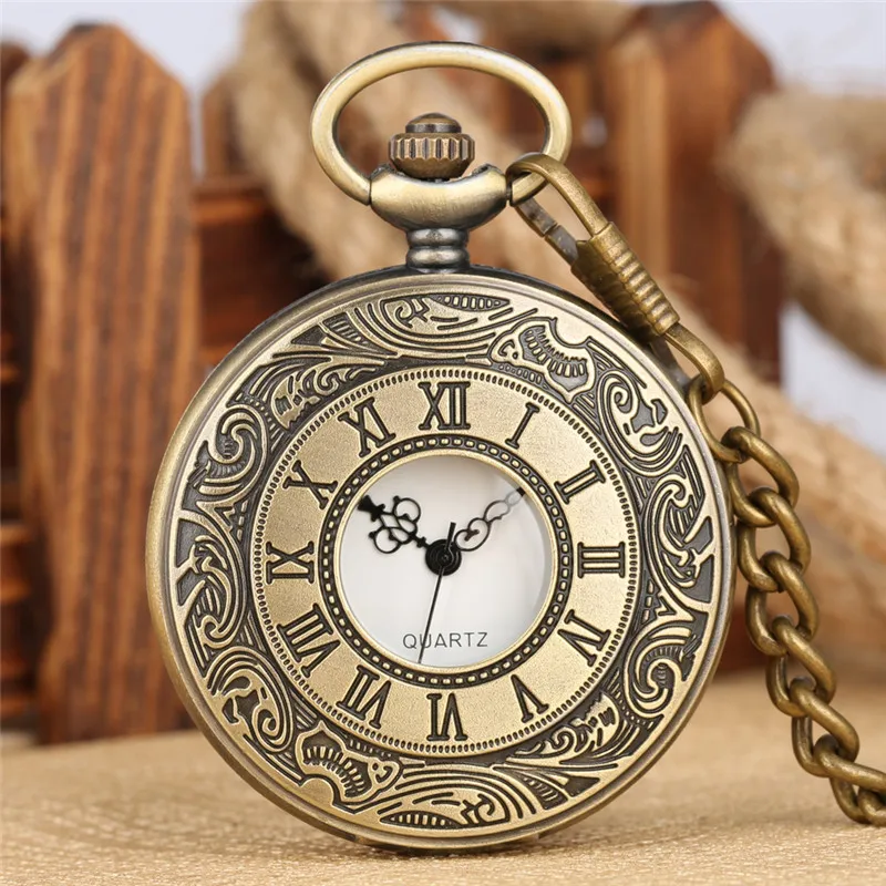 Old Fashion Pocket Watch Carving Roman Number Cover Orologi Al Quarzo Per Uomo Donna Half Hunter Click Chain Orologio Da Collezione