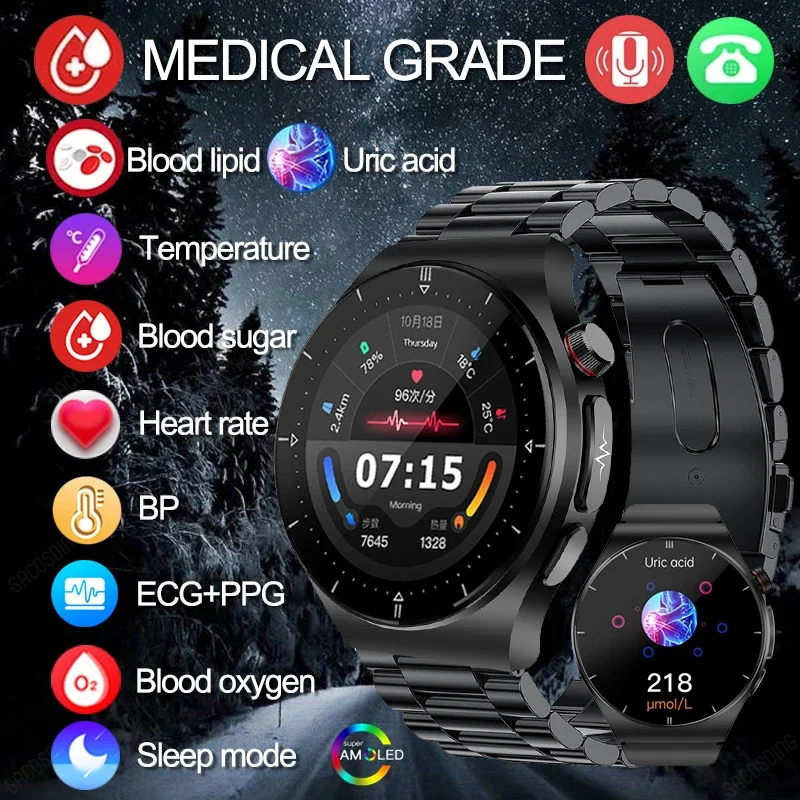 2024 New Uric Acid Smart Watch Men Ecg + Ppg + Hrv Bluetooth Call Blood Sugar Blood Pressure Lipid Health Tracker Smartwatch