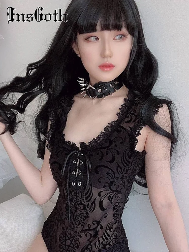 Insgoth Sexy Lace Bodycon Body Donna Gothic Streetwear Mesh Hollow Out Patchwork Senza Maniche Body Femminile Black Body Party