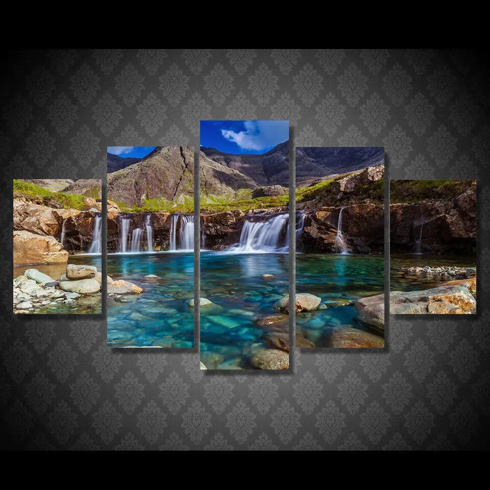 No Framed 5 Panel Waterfall Mountain Landscape Canvas Murale Poster Wall Print Art Pictures Dipinti Per Soggiorno Home Decor