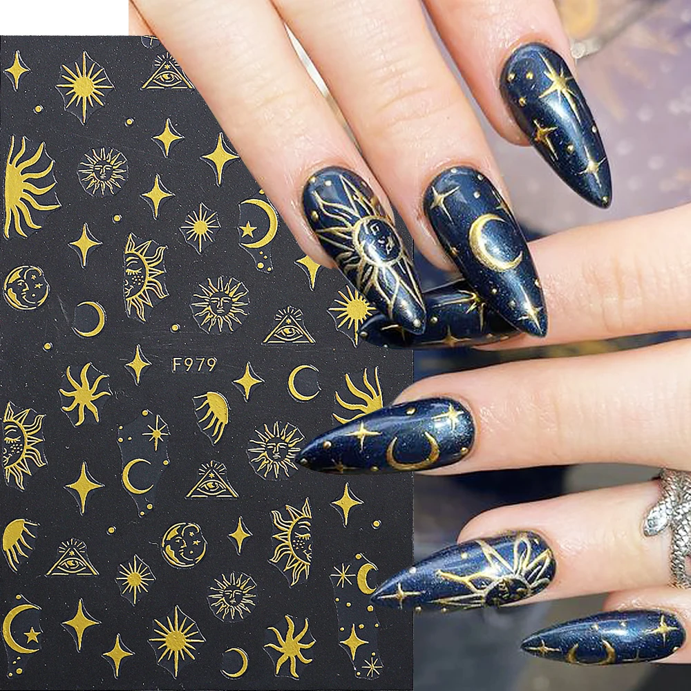 3D Sun Star Moon Nail Stickers Oro Argento Cross Star Evil Eyes Snake Animals Stile Gotico Nail Decalcomanie Manicure Wraps Ntf979