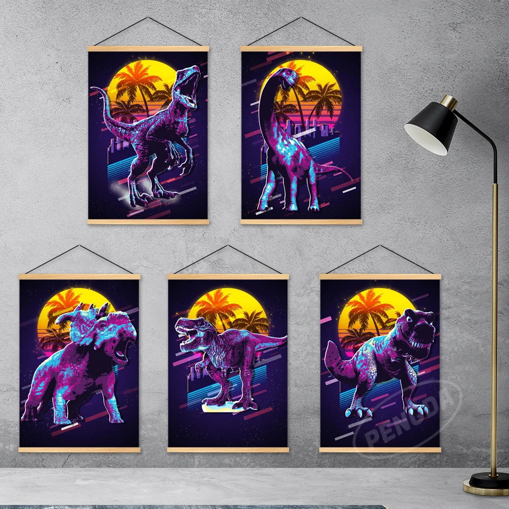 Modern Canvas Tyrannosaurus Rex Wooden Hanging Posters Animal Prints Triceratops Modular Home Decor Painting Wall Art Pictures