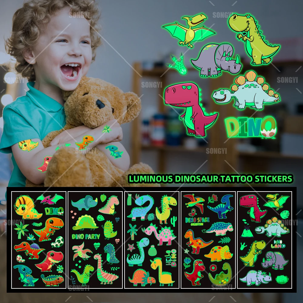 5 Fogli Luminosi Dinosauro Tatuaggio Cartoni Animati Decorazioni Per Feste Tyrannosaurus Body Sticker Monouso Impermeabile Tatouage Temporaire