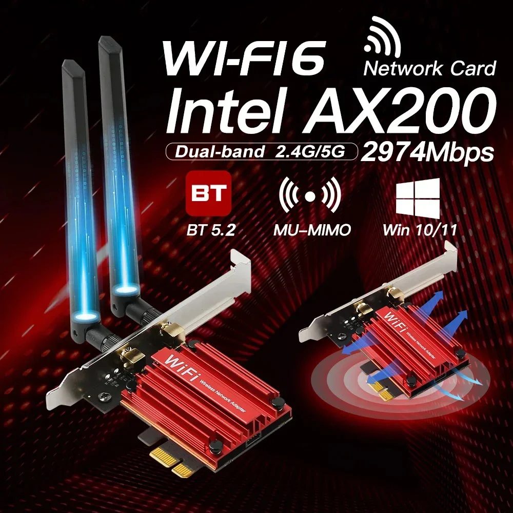 2974Mbps Wifi 6 Ax200 Per Bluetooth 5.2 Dual-Band 2.4G/5G Wireless Pcie Wifi Adapter 802.11Ax Wifi 6 Card Per Pc Windows 10/11