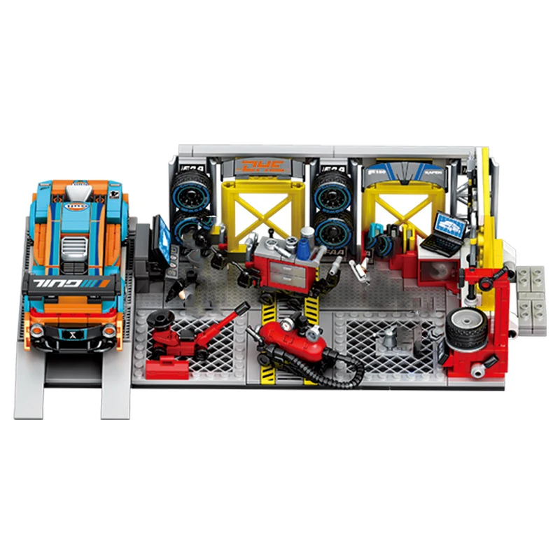 Creative Racing Maintenance Workshop Block Street View Car Repair Shop Building Brick Figures Giocattoli Da Costruzione Per Regali Per Ragazzi