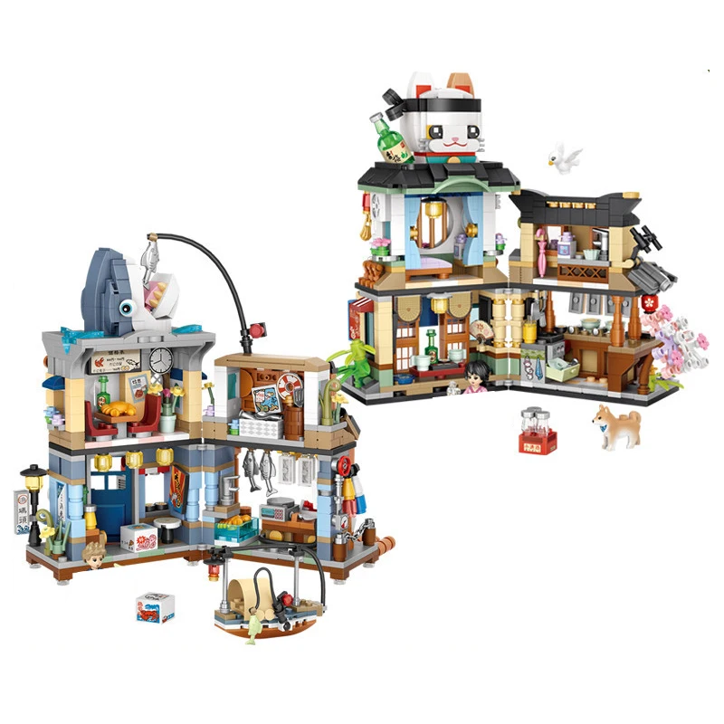Creative Japan City Street View Mini Block City Streetscape Aquatic Shop Izakaya Pub Figures Building Brick Toys For Kids Gifts