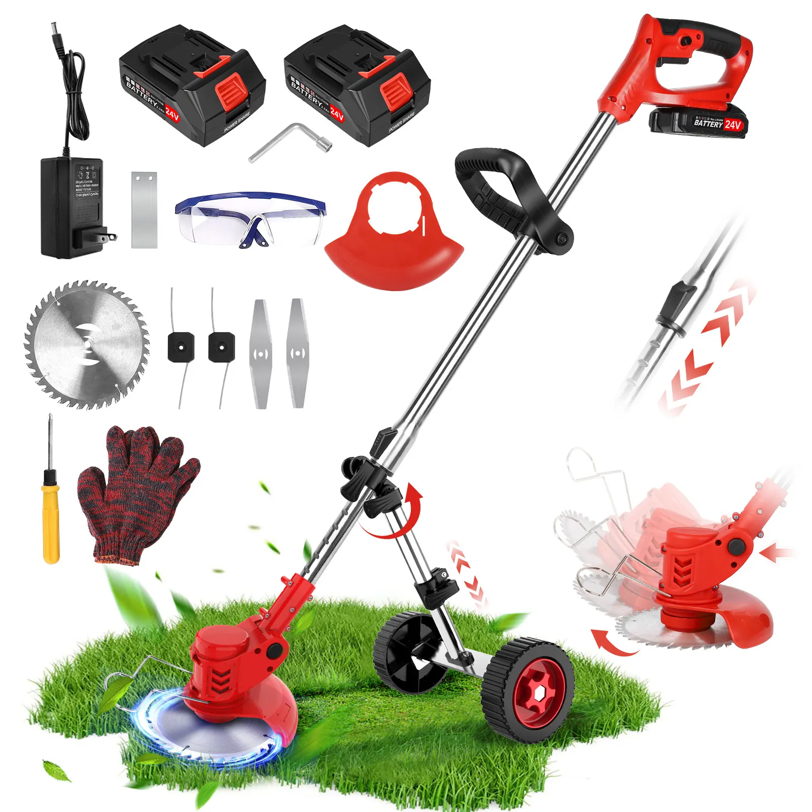 Tosaerba Elettrico 24V Weed Wacker 21000Rpm Cordless Grass String Trimmer Taglierina Pieghevole Regolabile Per Makita Con Ruota In Ferro