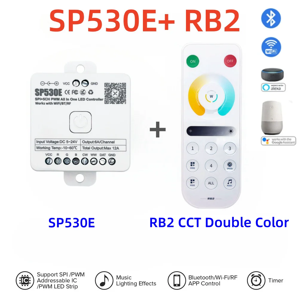 Sp530E All In One Controller Led 5Ch Pwm Spi Pixel Led Light Strip Bt Wifi Voice Control Rb2 Remote Cct Double Color Strip Lamp
