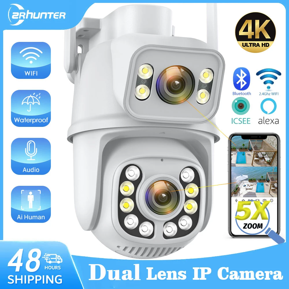 8Mp 4K Ip Camera Dual Screen Cctv Ai Rilevamento Umano Visione Notturna Outdoor Wifi Videosorveglianza Ptz Cctv Camera Icsee App
